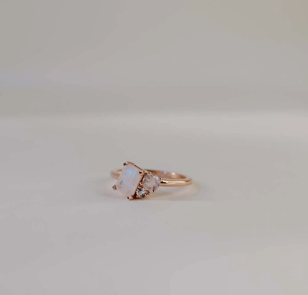 Ring with 7X5MM Emerald Cut Rainbow Moonstone, Rose Quartz and White Topaz in 14kt Rose Gold