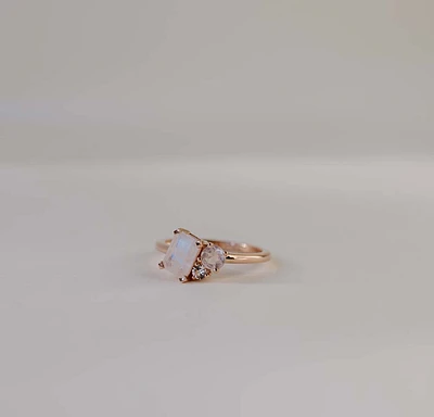 Ring with 7X5MM Emerald Cut Rainbow Moonstone, Rose Quartz and White Topaz in 14kt Rose Gold