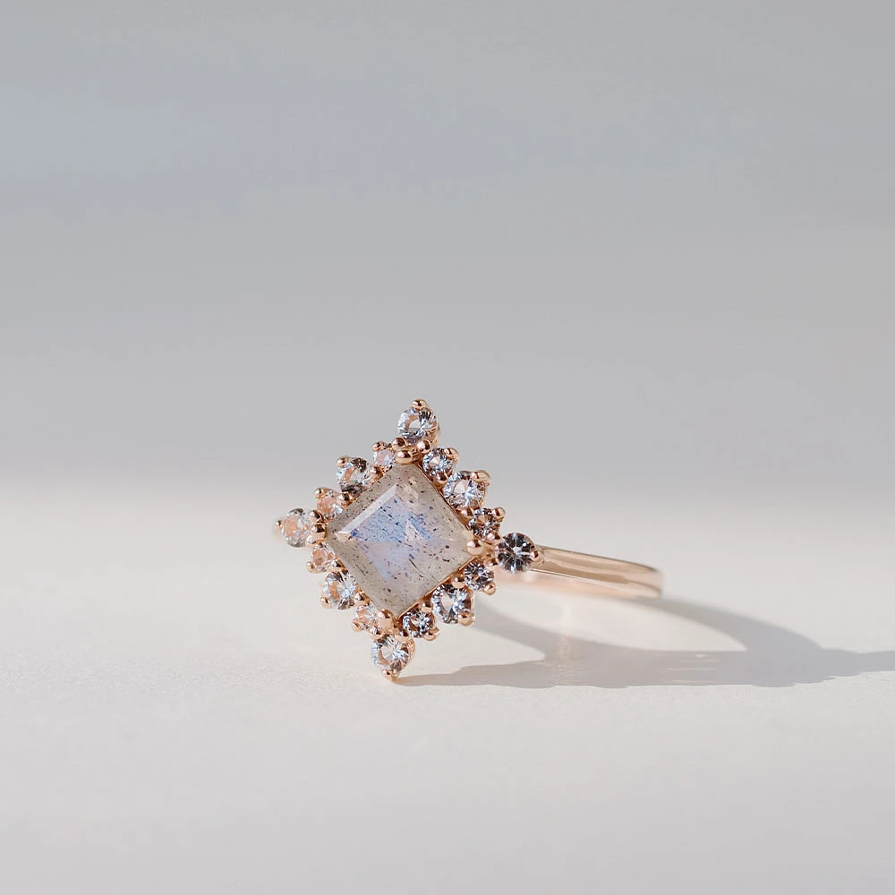 Ring with 6X6MM Princess Cut Labradorite and White Topaz in 10kt Rose Gold