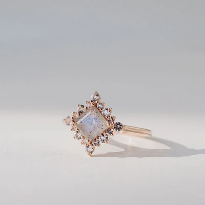 Ring with 6X6MM Princess Cut Labradorite and White Topaz in 10kt Rose Gold