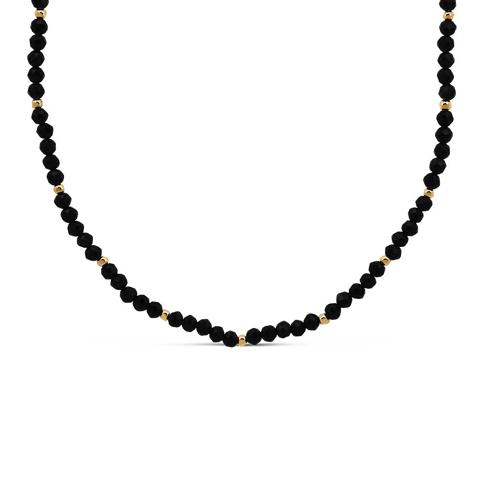 15″-18″ 3MM Black Agate Beaded Necklace in Gold Plated Sterling Silver