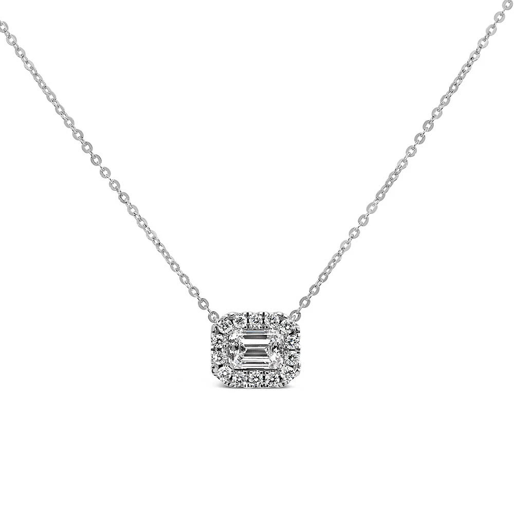 Emerald Halo Pendant with 1.00 Carat TW of Lab Created Diamonds in 14kt White Gold with Chain