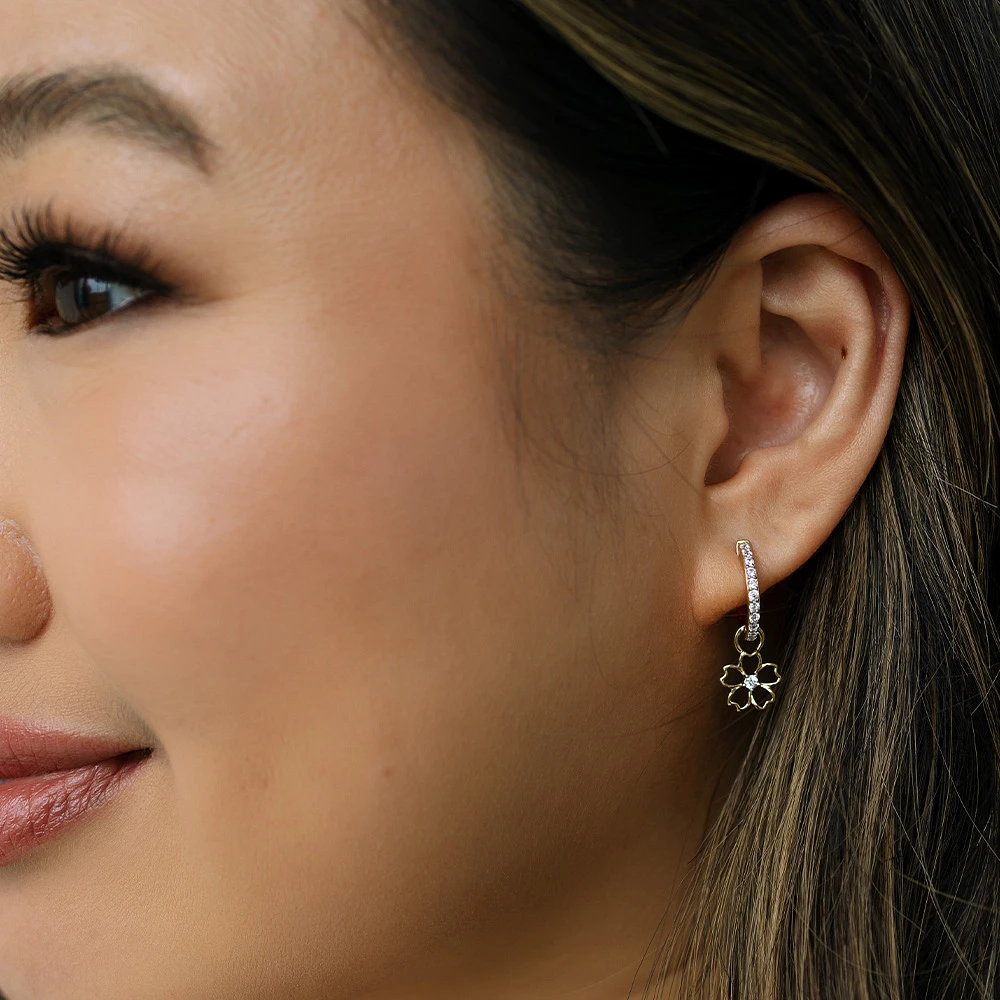 15MM Cherry Blossom Hoop Earrings with Cubic Zirconia in Gold Vermeil Sterling Silver