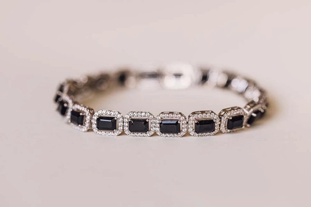 7.5″ Tennis Bracelet with 6x4MM Black Onyx and Cubic Zirconia in Sterling Silver