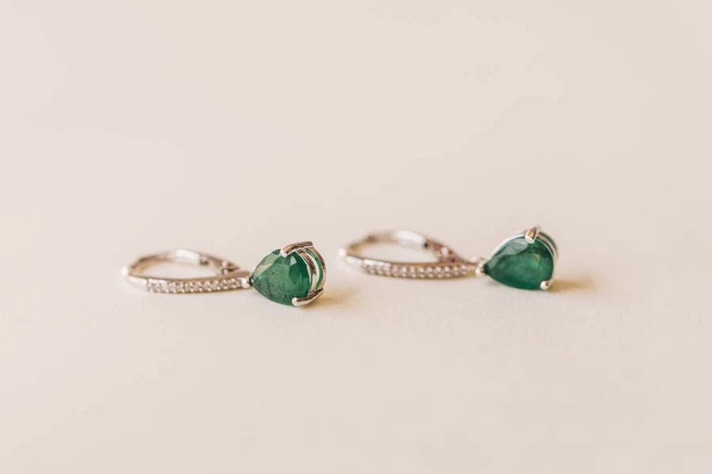 Dangle Earrings with .10 Carat TW of Diamonds and Pear Shape Emerald in 10kt White Gold