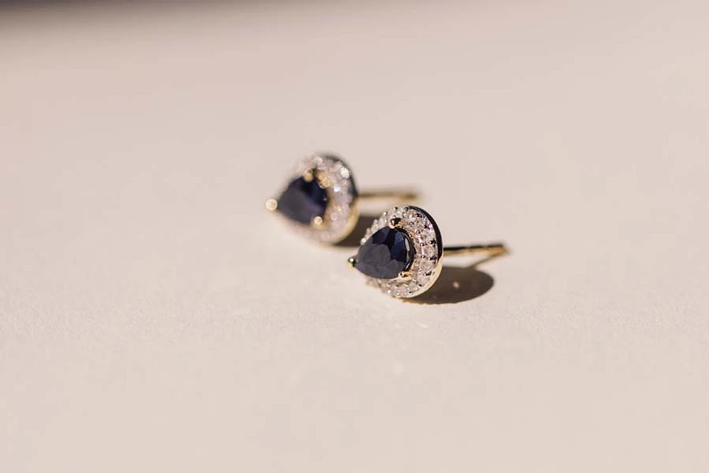 Halo Earrings with .17 Carat TW of Diamonds and 6x4MM Pear Shape Blue Sapphire in 10kt Yellow Gold