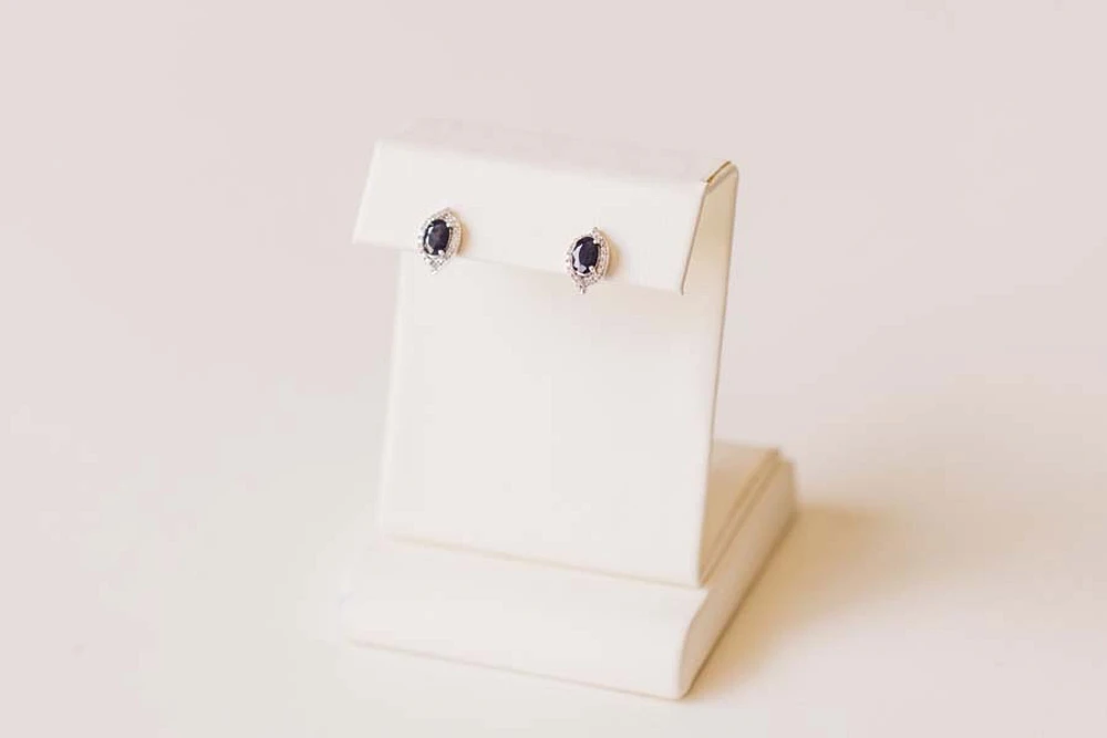 Halo Earrings with .17 Carat TW of Diamonds and 6x4MM Oval Blue Sapphire in 10kt White Gold