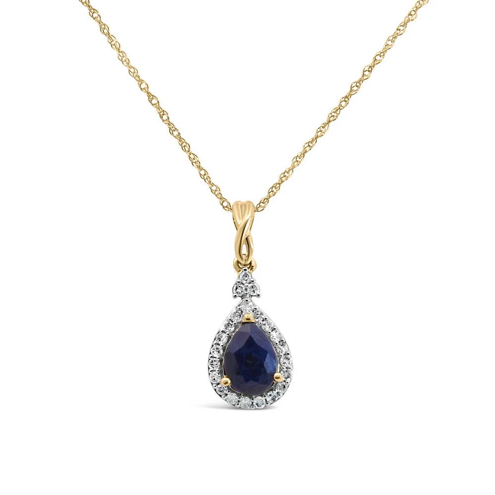Halo Pendant with .13 Carat TW of Diamonds and 7x5MM Pear Shape Blue Sapphire in 10kt Yellow Gold with Chain