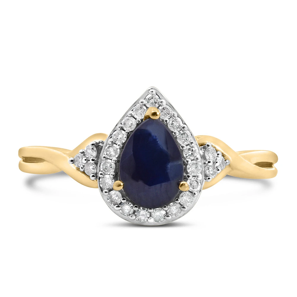 Halo Ring with .17 Carat TW of Diamonds and 7x5MM Pear Shape Blue Sapphire in 10kt Yellow Gold