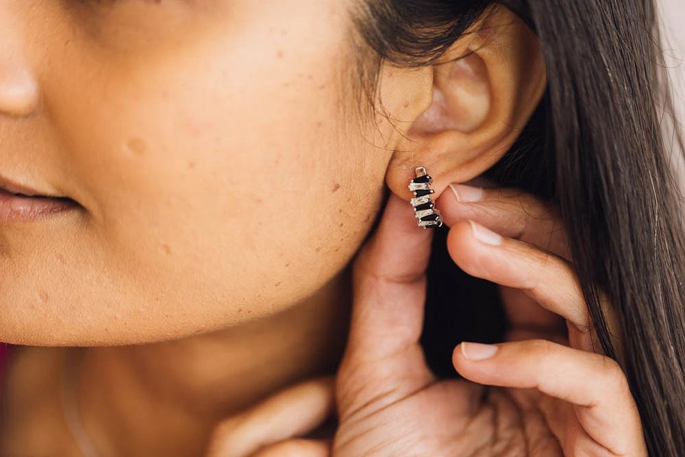 1950s Original Barbie Icon Hoops with Black Onyx and White Topaz in Sterling Silver
