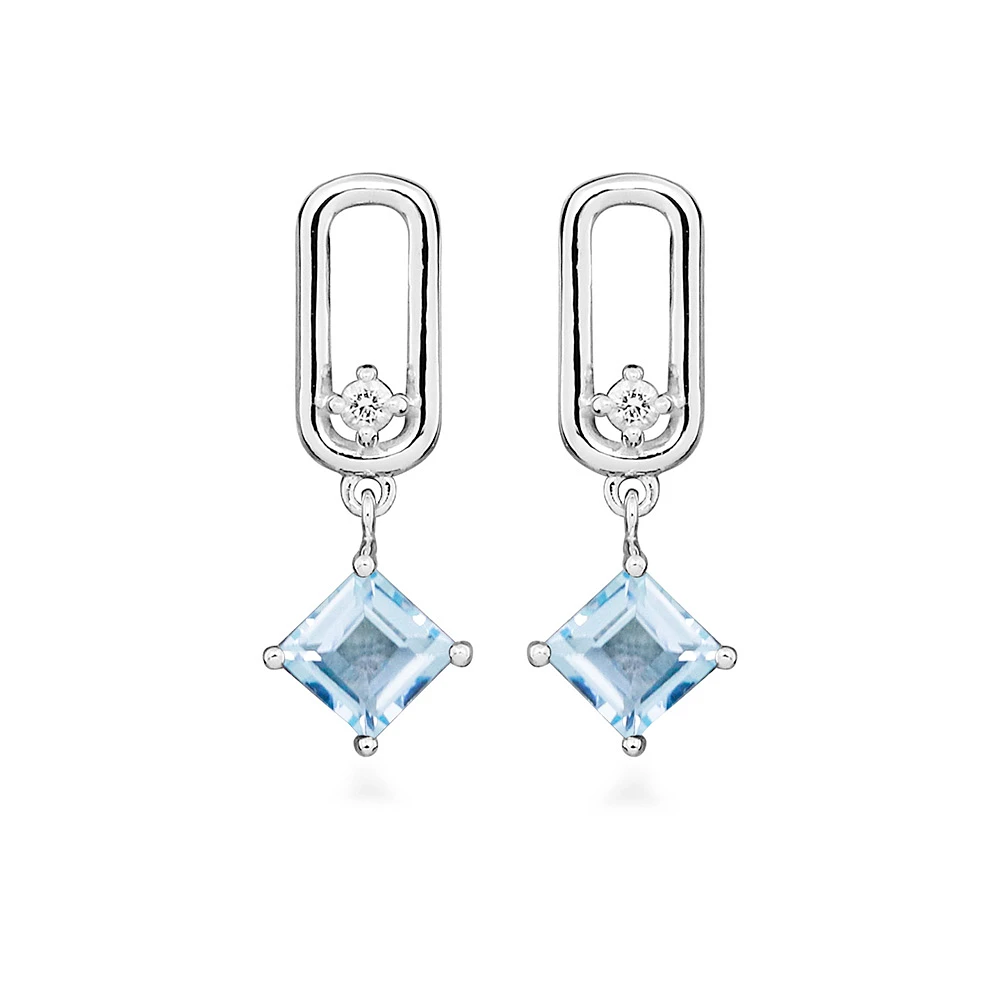 Earrings with Princess Cut Blue Topaz in Sterling Silver
