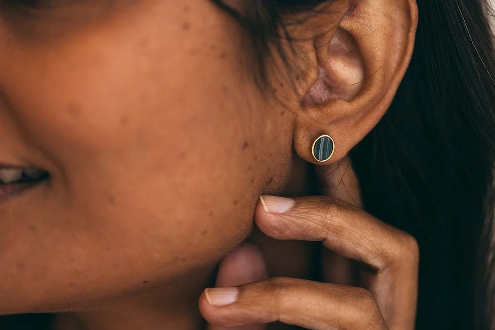 Oval Earrings with Malachite in Gold Plated Sterling Silver