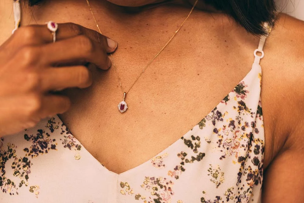 5X3MM Elara Pendant with Ruby and .09 Carat TW of Diamonds in 10kt Yellow Gold