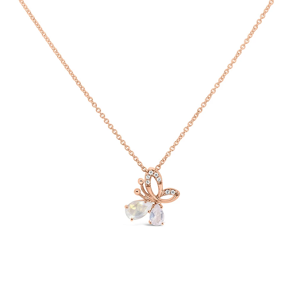 Butterfly Pendant with Moonstone and Rose Quartz in Rose Tone Sterling Silver with Chain