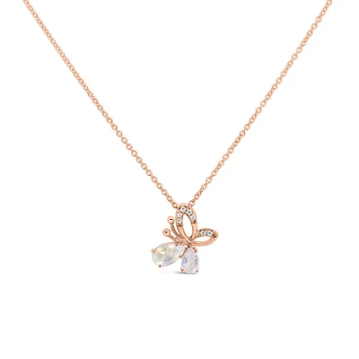 Butterfly Pendant with Moonstone and Rose Quartz in Rose Tone Sterling Silver with Chain