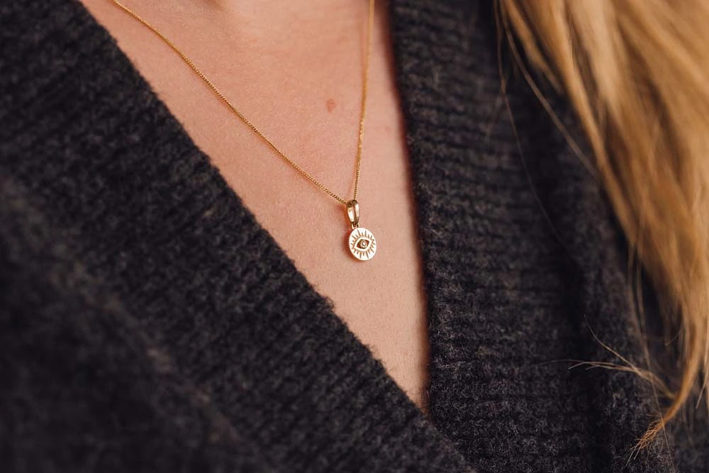 Evil Eye Pendant with .01 Carat Diamond in 10kt Yellow Gold with Chain