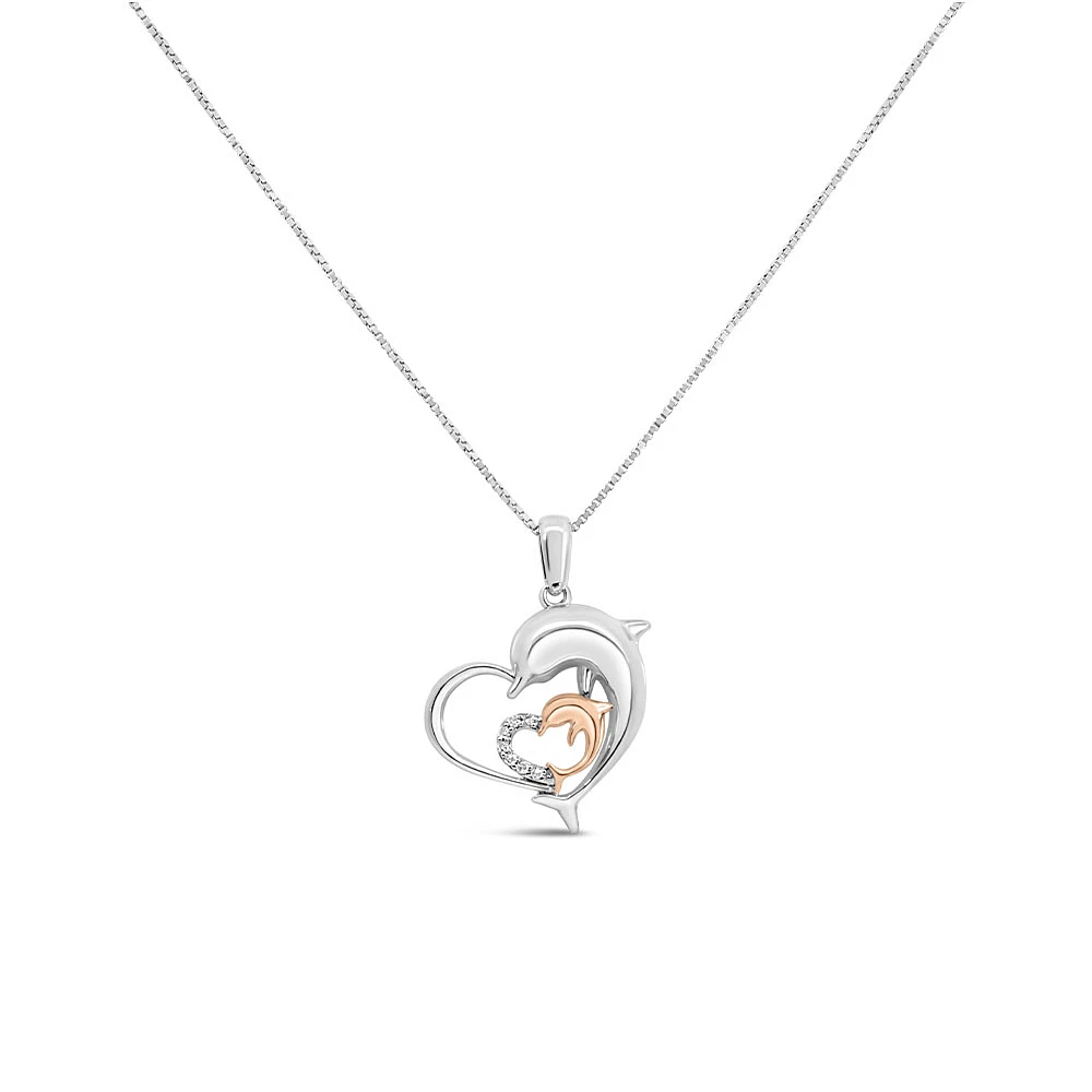 Dolphin Heart Pendant with .05 Carat TW of Diamonds in Sterling Silver with Chain
