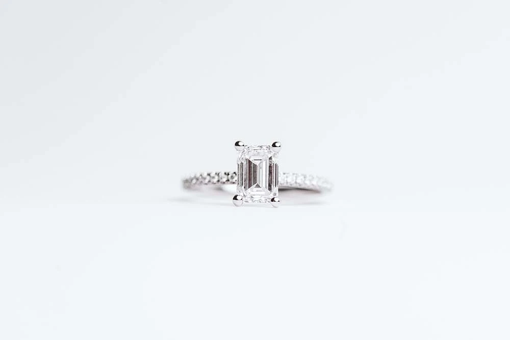 Emerald Cut Engagement Ring with 2.20 Carat TW of Lab Created Diamonds in 14kt White Gold