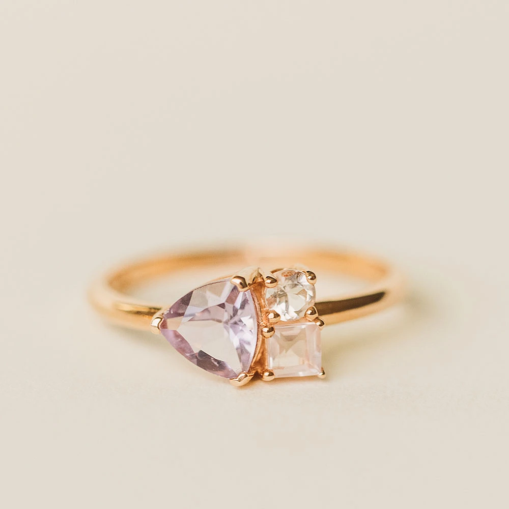 Ring with 6MM Trillion Cut Pink Amethyst, Rose Quartz and Morganite in 14KT Rose Gold