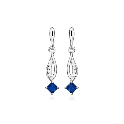 Earrings with Created Blue Sapphire and Cubic Zirconia in Sterling Silver