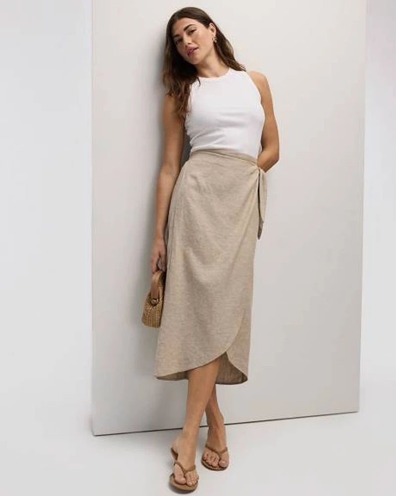 Linen-Blend Wrap Midi Skirt