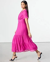 Short-Sleeve Tiered Maxi Dress with V Neckline