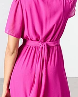 Short-Sleeve Tiered Maxi Dress with V Neckline