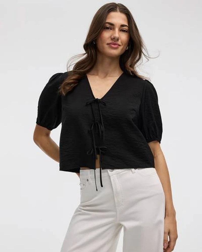 Blouse à manches aux coudes et col V avec rubans nouer