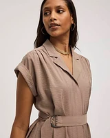 Short-Sleeve Buttoned-Down Midi Dress with Tailored Collar