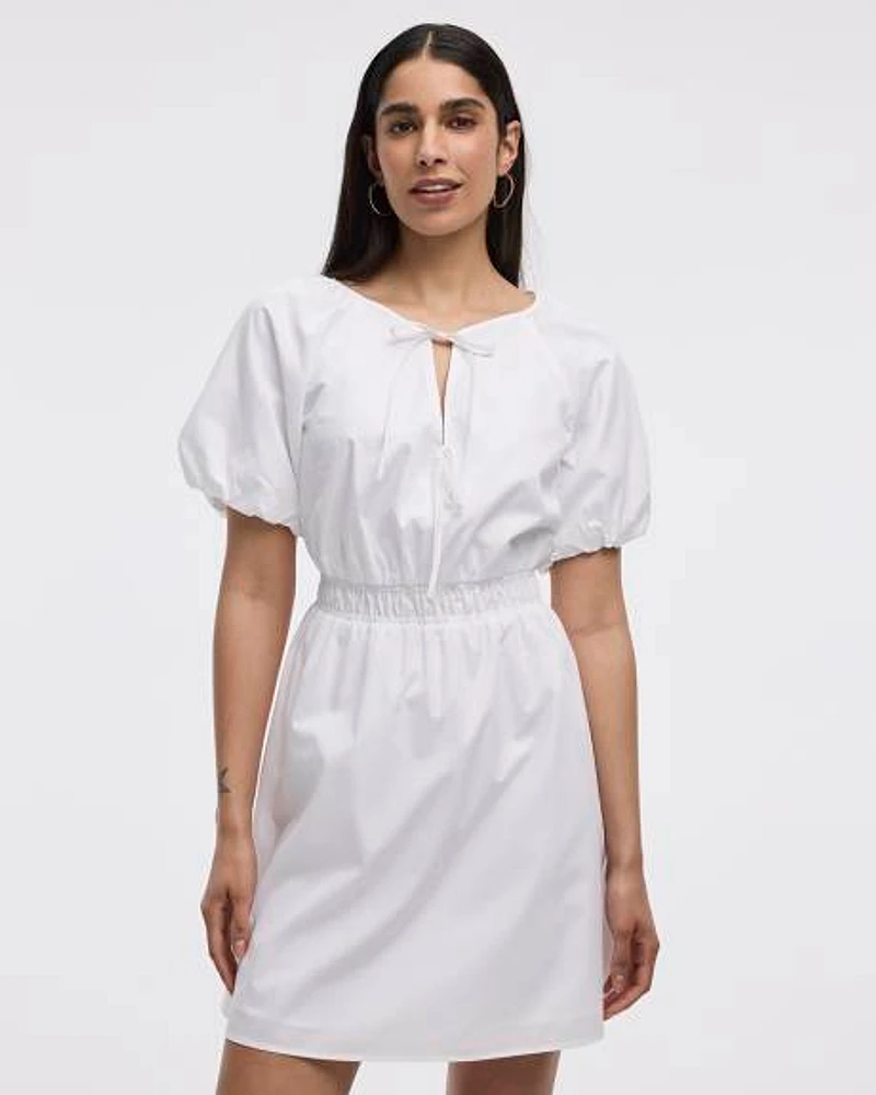 Short-Sleeve Fit-and-Flare Dress with Self-Tie Details at Neckline