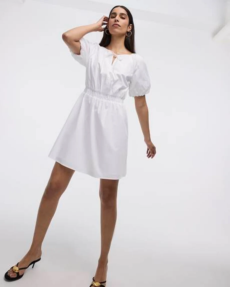 Short-Sleeve Fit-and-Flare Dress with Self-Tie Details at Neckline