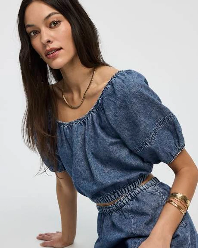 Short-Puffy-Sleeve Denim Top with Boat Neckline