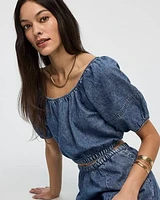 Short-Puffy-Sleeve Denim Top with Boat Neckline