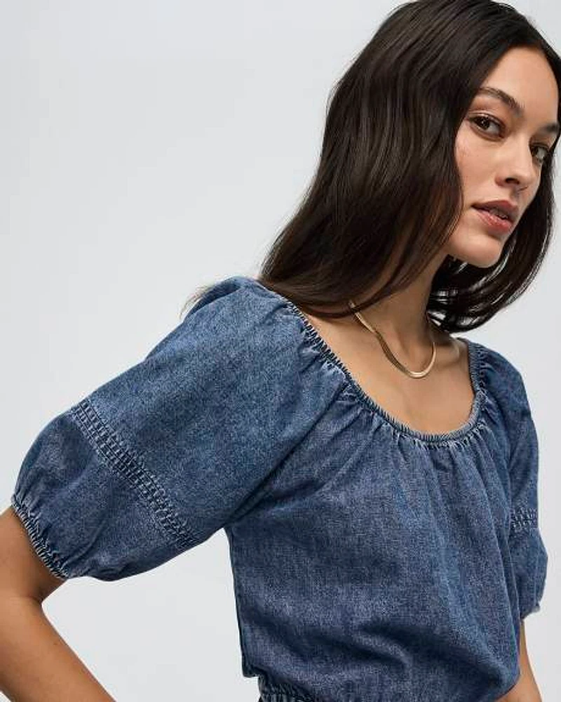 Short-Puffy-Sleeve Denim Top with Boat Neckline