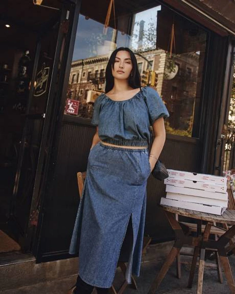 Short-Puffy-Sleeve Denim Top with Boat Neckline