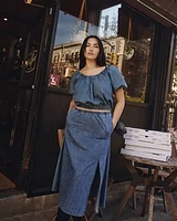 Short-Puffy-Sleeve Denim Top with Boat Neckline