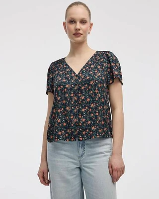 V-Neck Buttoned-Down Blouse with Short Flutter Sleeves