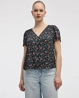 V-Neck Buttoned-Down Blouse with Short Flutter Sleeves