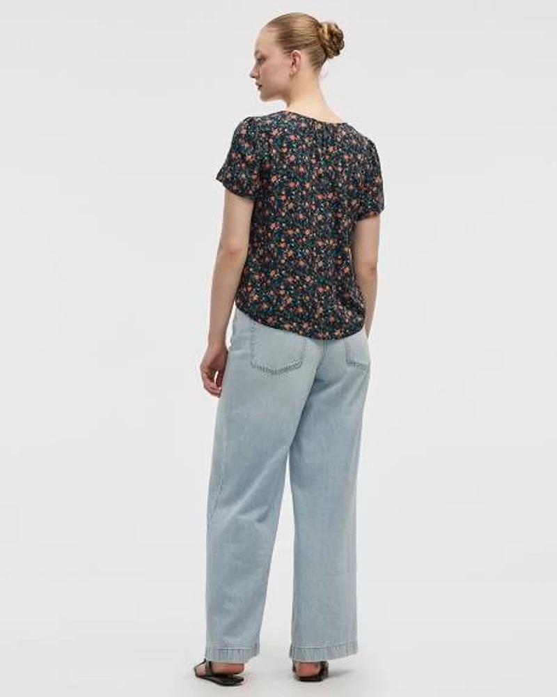 V-Neck Buttoned-Down Blouse with Short Flutter Sleeves
