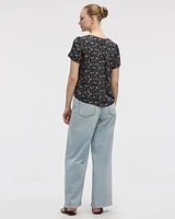 V-Neck Buttoned-Down Blouse with Short Flutter Sleeves