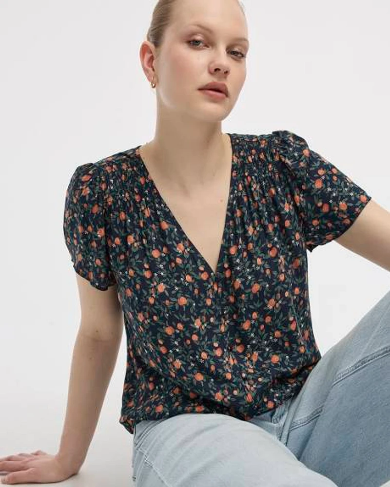 V-Neck Buttoned-Down Blouse with Short Flutter Sleeves