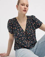 V-Neck Buttoned-Down Blouse with Short Flutter Sleeves