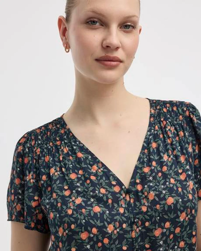 V-Neck Buttoned-Down Blouse with Short Flutter Sleeves
