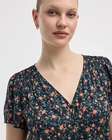 V-Neck Buttoned-Down Blouse with Short Flutter Sleeves