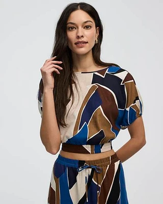 Cropped Short-Sleeve Boat-Neck Linen-Blend Top