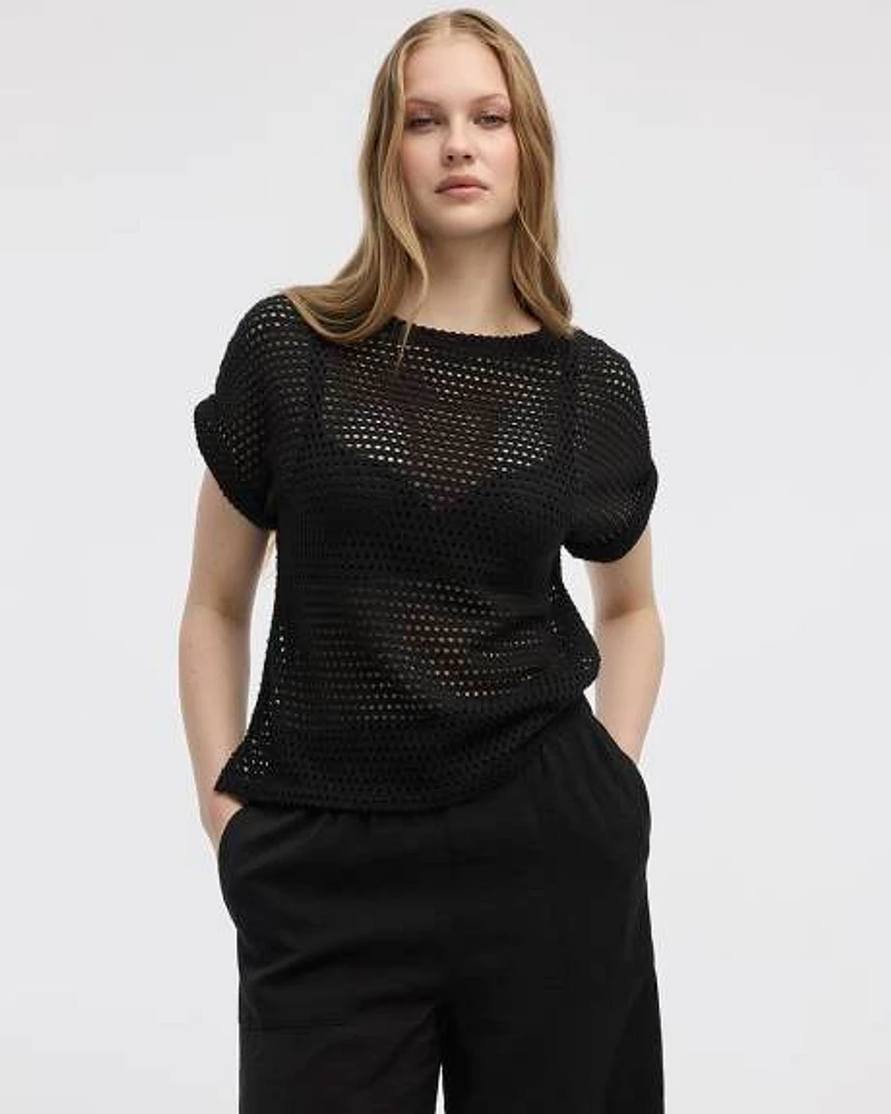 Extended-Sleeve Boat-Neck Mesh Top