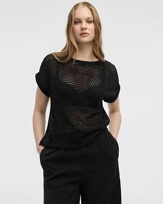 Extended-Sleeve Boat-Neck Mesh Top