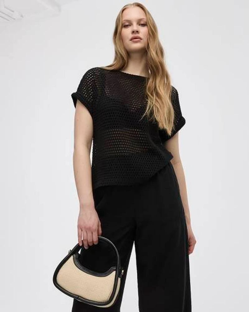 Extended-Sleeve Boat-Neck Mesh Top
