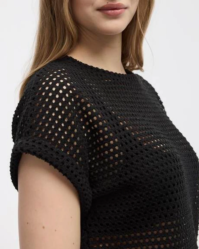 Extended-Sleeve Boat-Neck Mesh Top