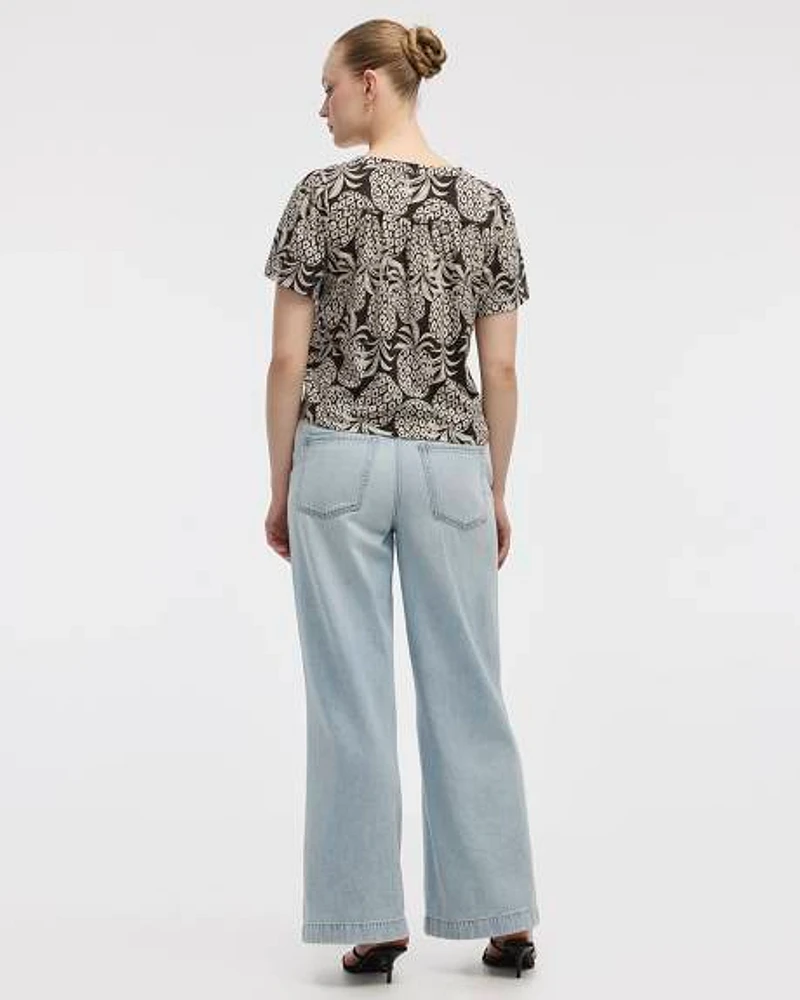 Short-Flutter-Sleeve V-Neck Buttoned-Down Blouse